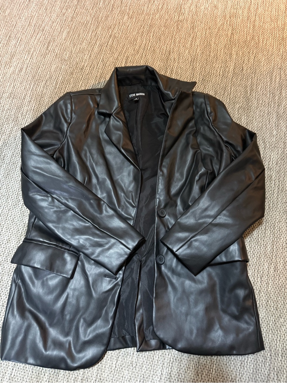 Steve Madden Black Faux Leather Blazer Jacket with Notch Lapel